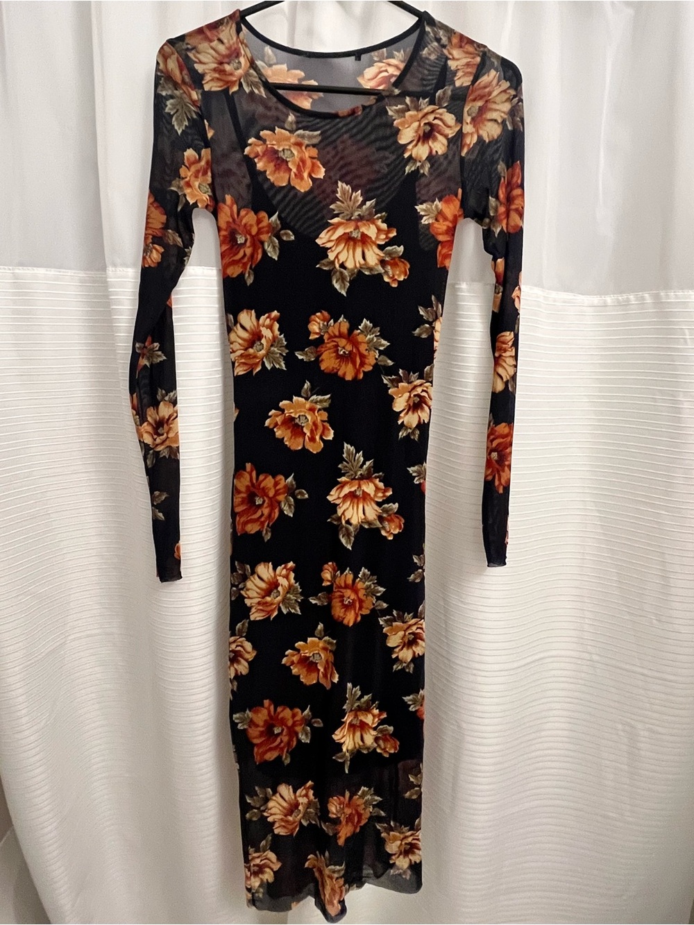 Forever 21 Floral Mesh Long-Sleeve Bodycon Dress Navy